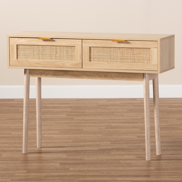 Light Oak Rattan and Wood Console Table