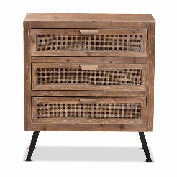Brown Wood and Rattan 3-Drawer Cabinet