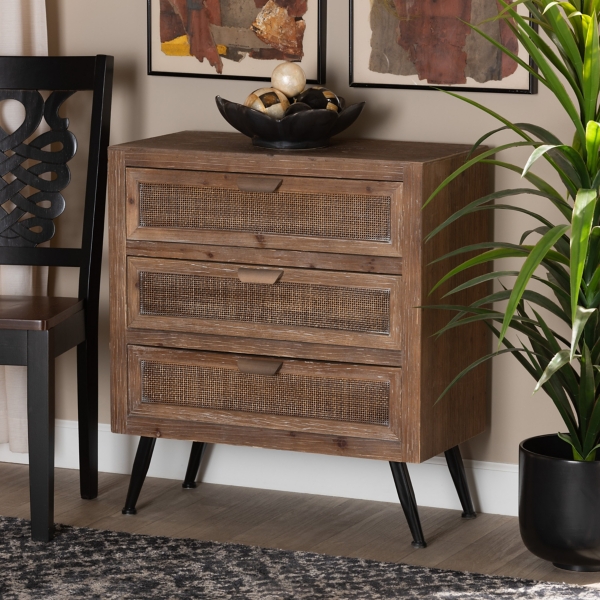 Brown Wood and Rattan 3-Drawer Cabinet
