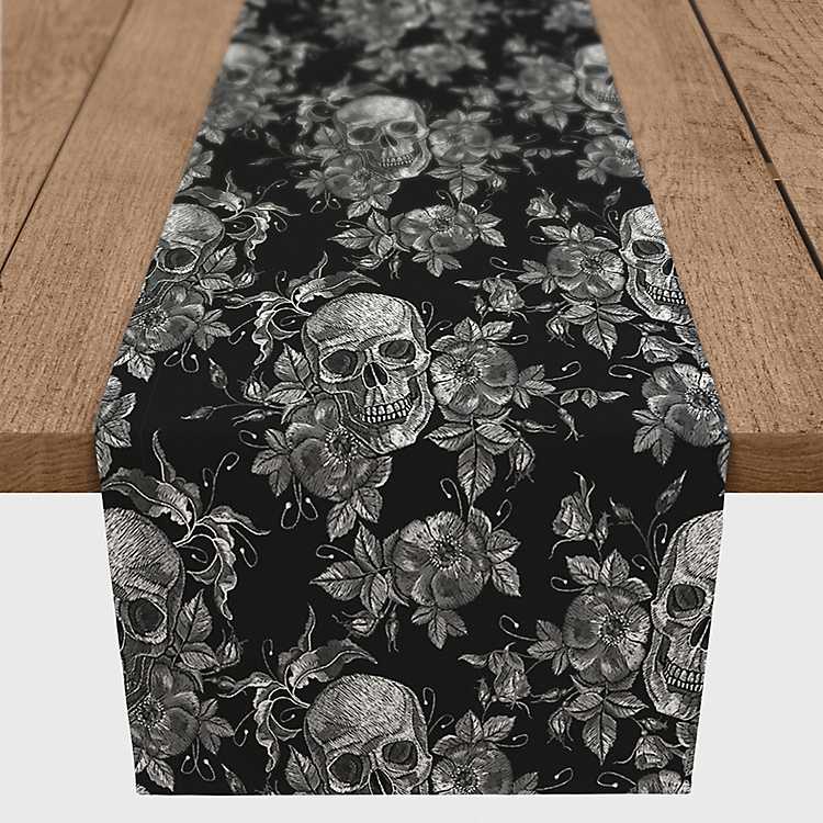 Moslion Skull Table Runner Halloween Mexico Skeleton Skull Dia De Los Muertos Colorful with Floral Leaf Flower Cotton Linen Home Decor Dining Room Kitchen Table Runners for Parties 14x72 Inch