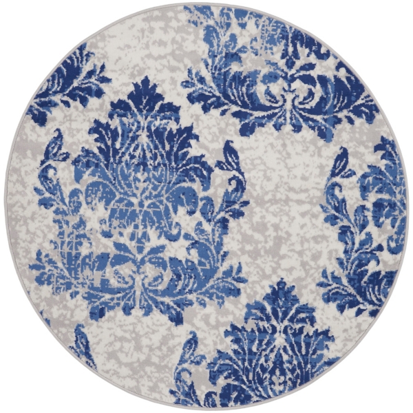 Ivory And Navy Damask Floral Round Area Rug 5 Ft Kirklands