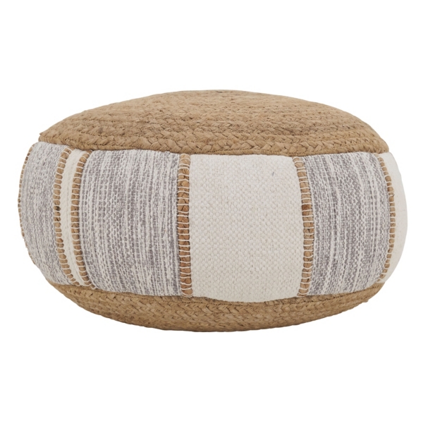Natural Gray and White Striped Jute Pouf