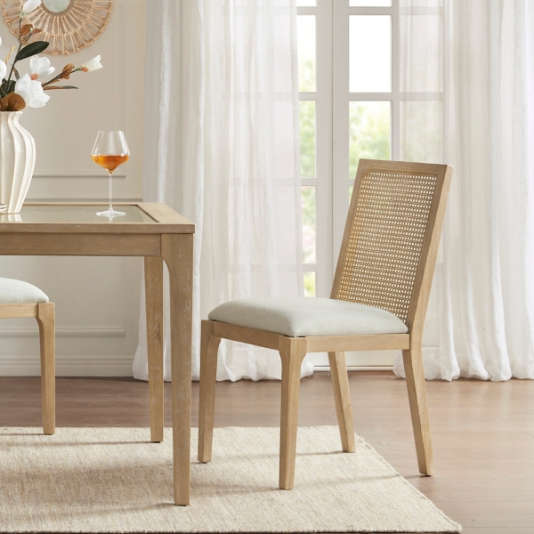 Cane Back Upholstered Wood Dining Chairs, Set of 2