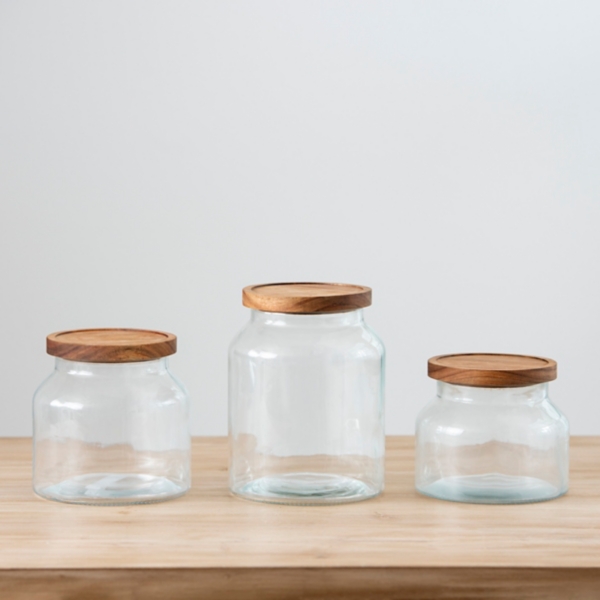 Set Of 3 Glass Jars With Wood Base and Lid - K&K Interiors