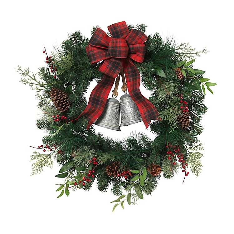 Pine & Eucalyptus w/ Pinecone & Bell Accents Wreath 24" Outer Diameter Christmas 