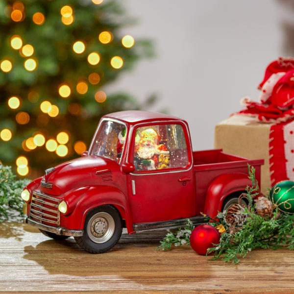 Santa and Puppy Red Christmas Truck Snow Globe