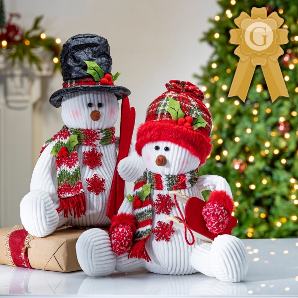 White and Red Snow Day Sitting Snowmen, Set of 2