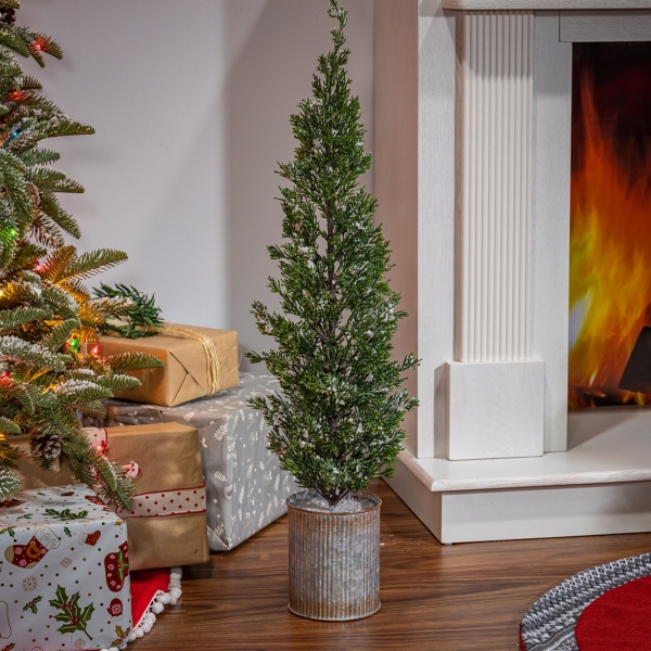 Galvanized Bucket Snowy Christmas Tree, 35 in.