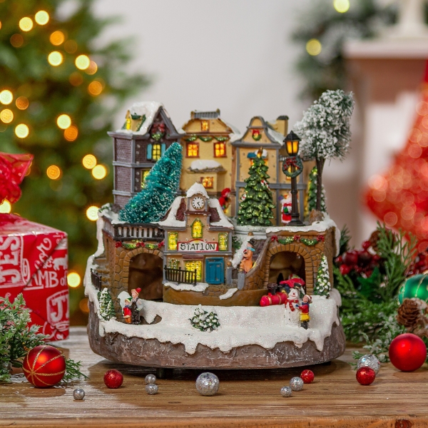 Moving Christmas Train Station Pre-Lit Decoration