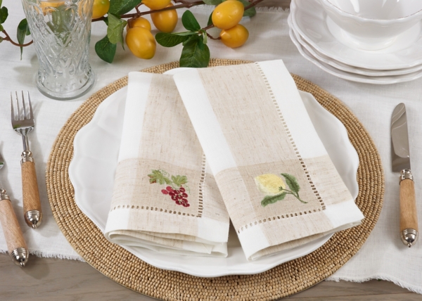 Tan Hemstitch Embroidered Lemon Napkins, Set of 4