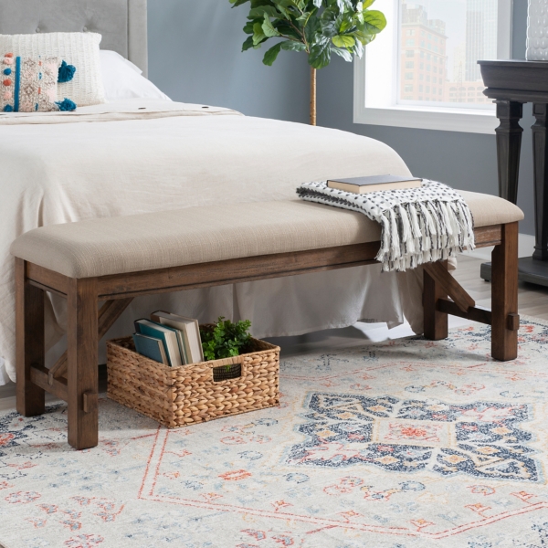 Tan Basketweave Upholstered Wood Bench