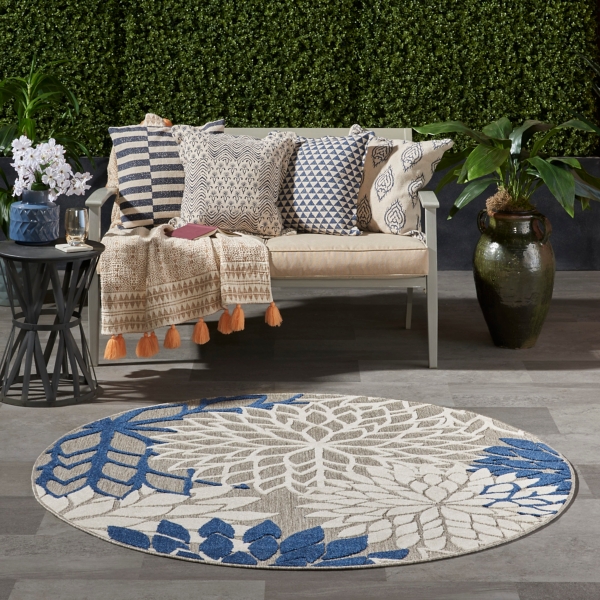 Denim Floral Burst Round Outdoor Area Rug
