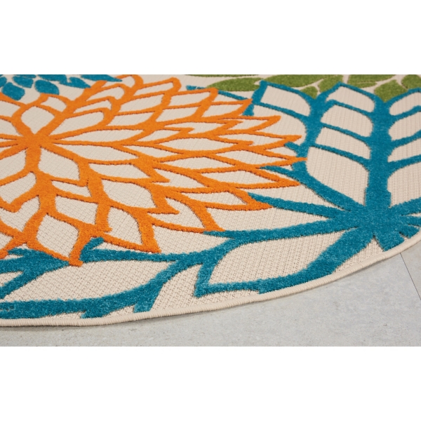 Tangerine Floral Burst Round Outdoor Area Rug
