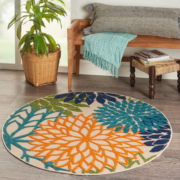 Tangerine Floral Burst Round Outdoor Area Rug