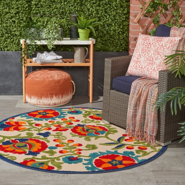 Abstract Floral Outdoor Round Area Rug, 5 ft.