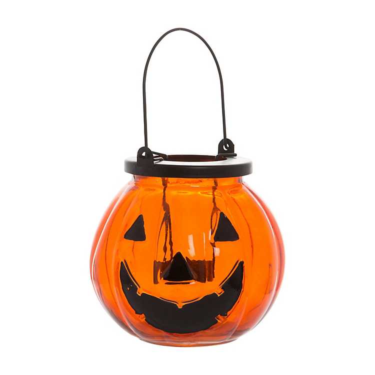 Jack-O-Lantern Glass Jack-O-Lantern with Wire Handle orange glass pumkin Halloween Decor home decor