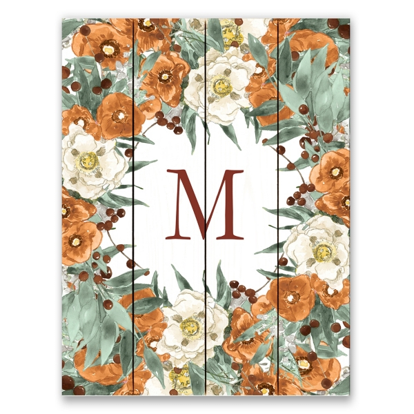 Letter M in watercolor flowers and leaves. Floral monogram