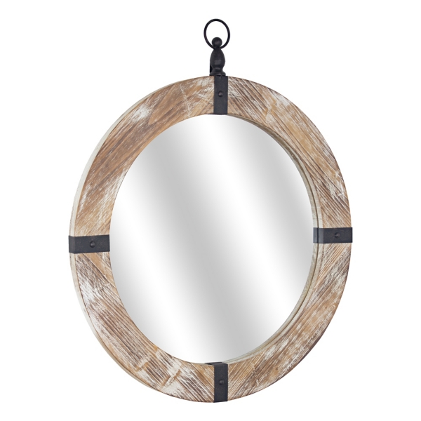 Rustic Round Wooden Mirror with Metal Brackets Kirklands Home