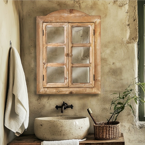 Rustic Wooden Dual Window Shutter Wall Mirror