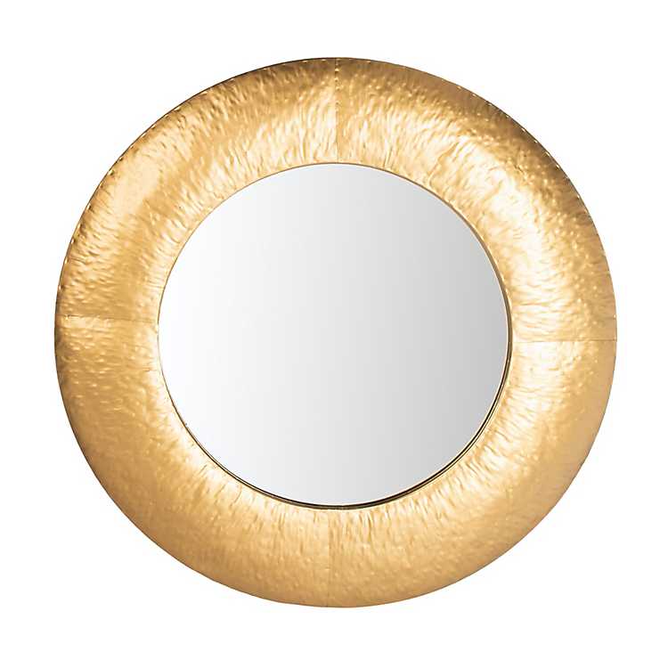 Gold Thick Frame Round Wall Mirror, Lattice Hammered Metal Round Wall Mirror