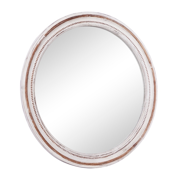 Distressed White Wood Round Frame Wall Mirror