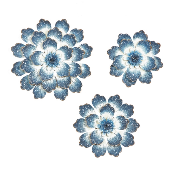 Blue White Metal Flower Coastal 3-pc. Plaque Set