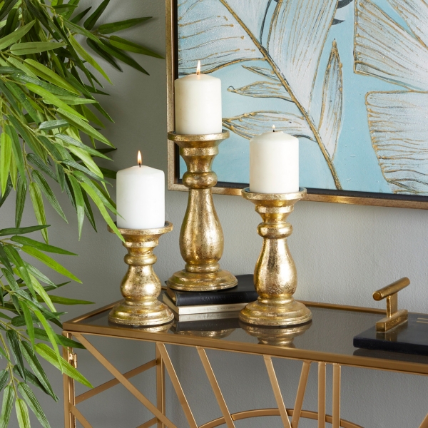 Gold Distressed Wood Candle Holders, Set of 3