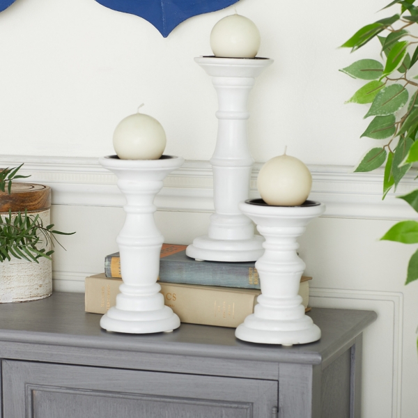 White Wood Column Pillar Candle Holders, Set of 3 Kirklands Home