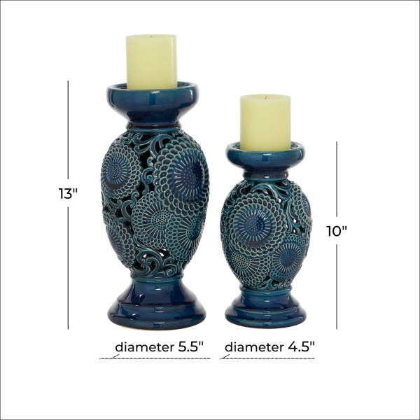 Blue Ceramic Tiered Base Candle Holders, Set of 2