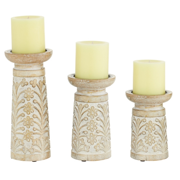 Whitewashed Brown Carved Candle Holders, Set of 3 Kirklands Home