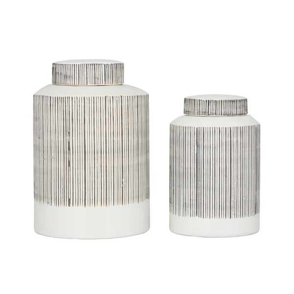White Lined Ceramic Jars, Set of 2