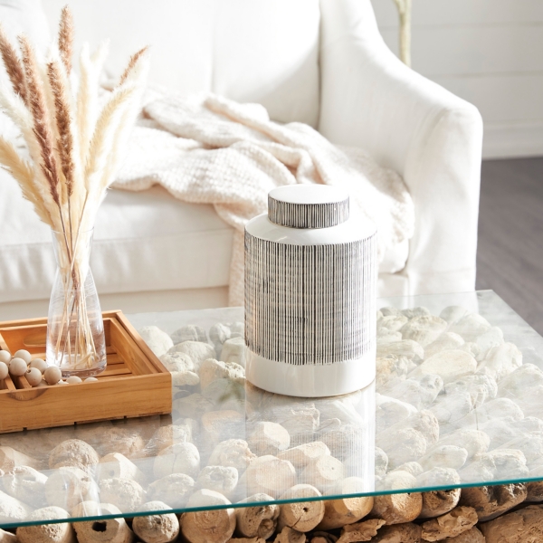 White Lined Ceramic Jars, Set of 2