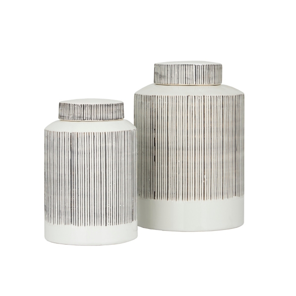 White Lined Ceramic Jars, Set of 2