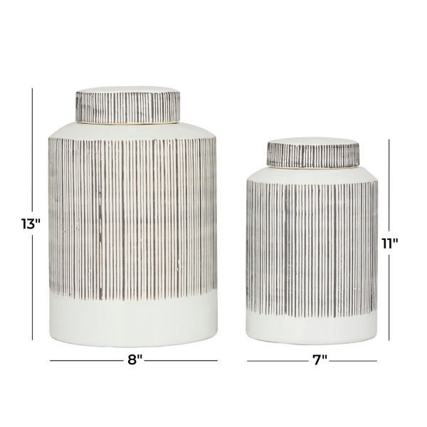 White Lined Ceramic Jars, Set of 2