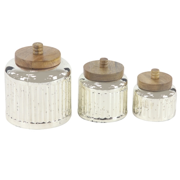 Clear Glass Decorative Jars with Engraved Silver Lids (Set of 3