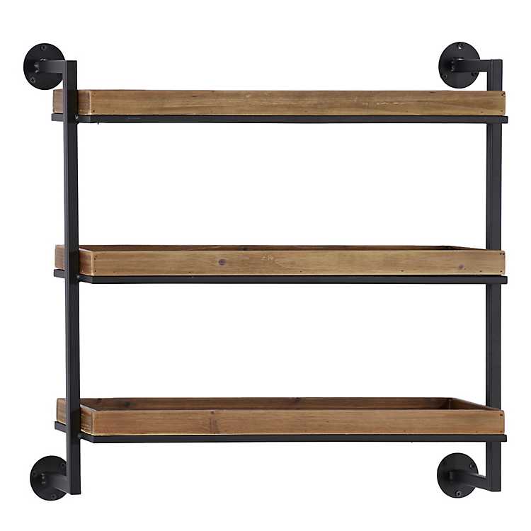 Brown Wood Black Metal Pipe Frame Wall, Black Iron Pipe And Wood Shelves