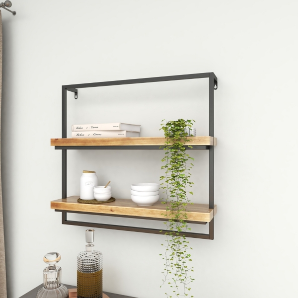 Brown Wood Black Metal Frame Wall Shelves