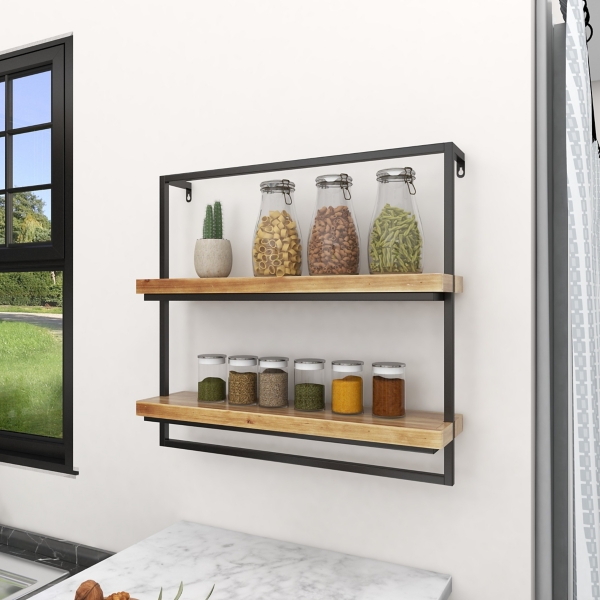 Brown Wood Black Metal Frame Wall Shelves
