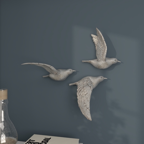 Silver Flying Birds Wall Sculptures, Set of 3