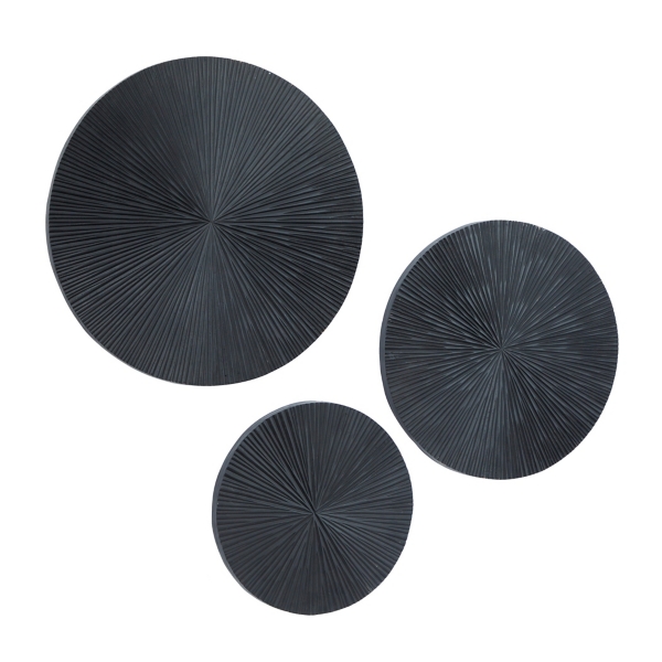 Matte Black Ribbed Sunburst Wall Plates, Set of 3