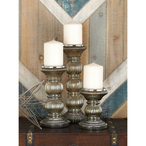 Smoke Gray Glass Pillar Candle Holders, Set of 3