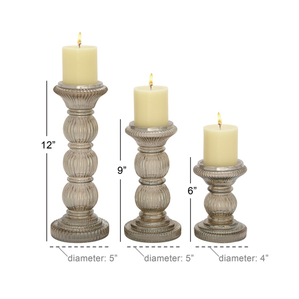 Smoke Gray Glass Pillar Candle Holders, Set of 3