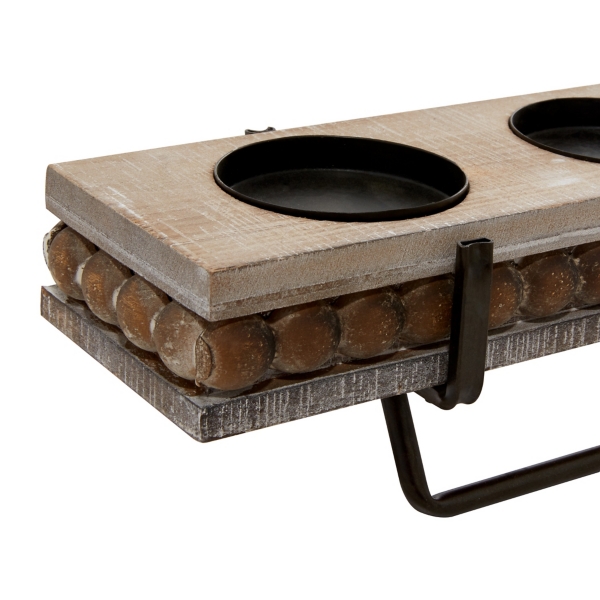 Brown Beaded Wood and Metal Base Candle Holder