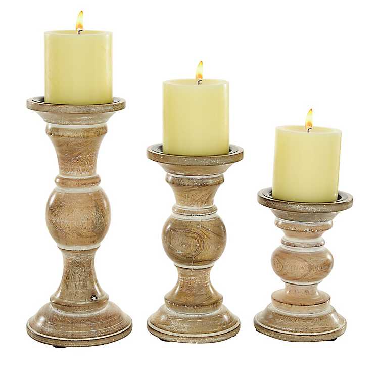 Distressed Wood Pillar Candle Holders, Distressed White Wooden Pillar Candle Holders