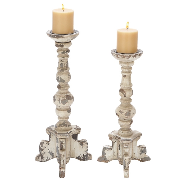 White Chipped Wood Pillar Candle Holders, Set of 2