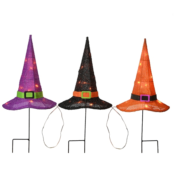 Pre-Lit Colorful Witch Hats 3-pc. Yard Stakes