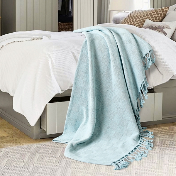 Light Blue Checkered Weave Fringe Throw