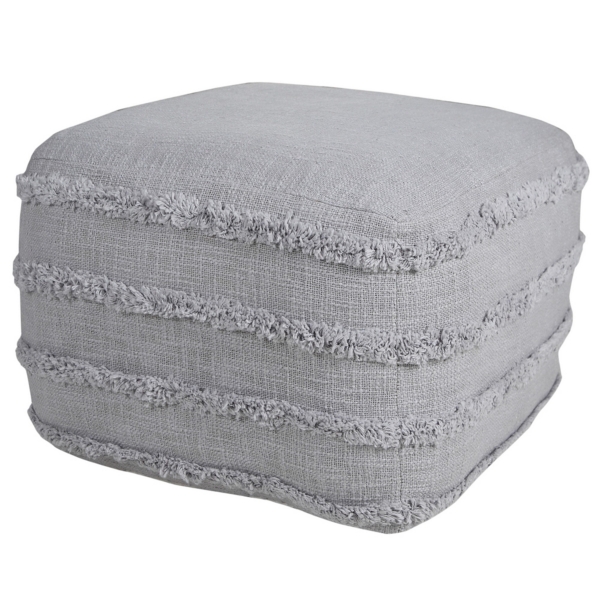 Light Gray Tufted Stripe Cotton Square Pouf