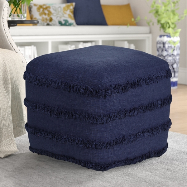 Navy Blue Tufted Stripe Cotton Square Pouf