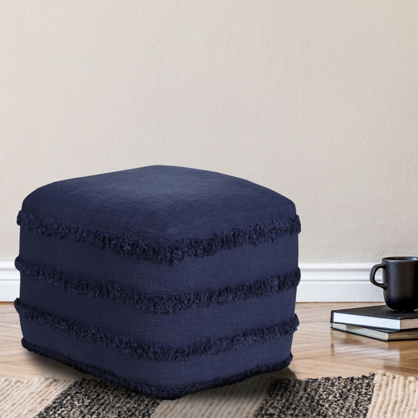 Navy Blue Tufted Stripe Cotton Square Pouf